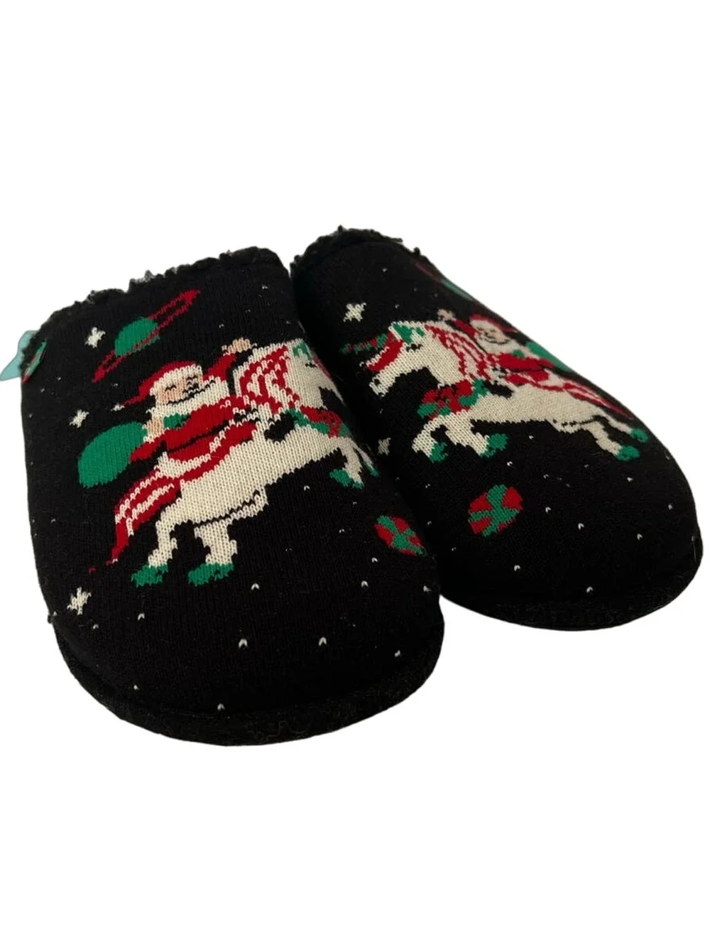 NWT REEF x Tipsy Elves Men's Santa Unicorn Reef Slippers Faux Fur Black Size 9